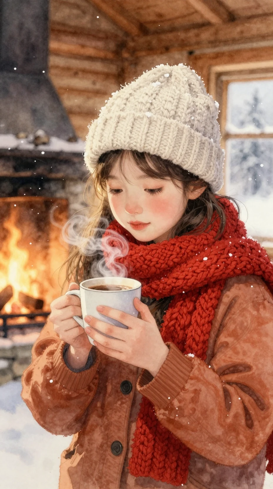 Girl With Red Scarf Holding Cocoa In Cozy Cabin