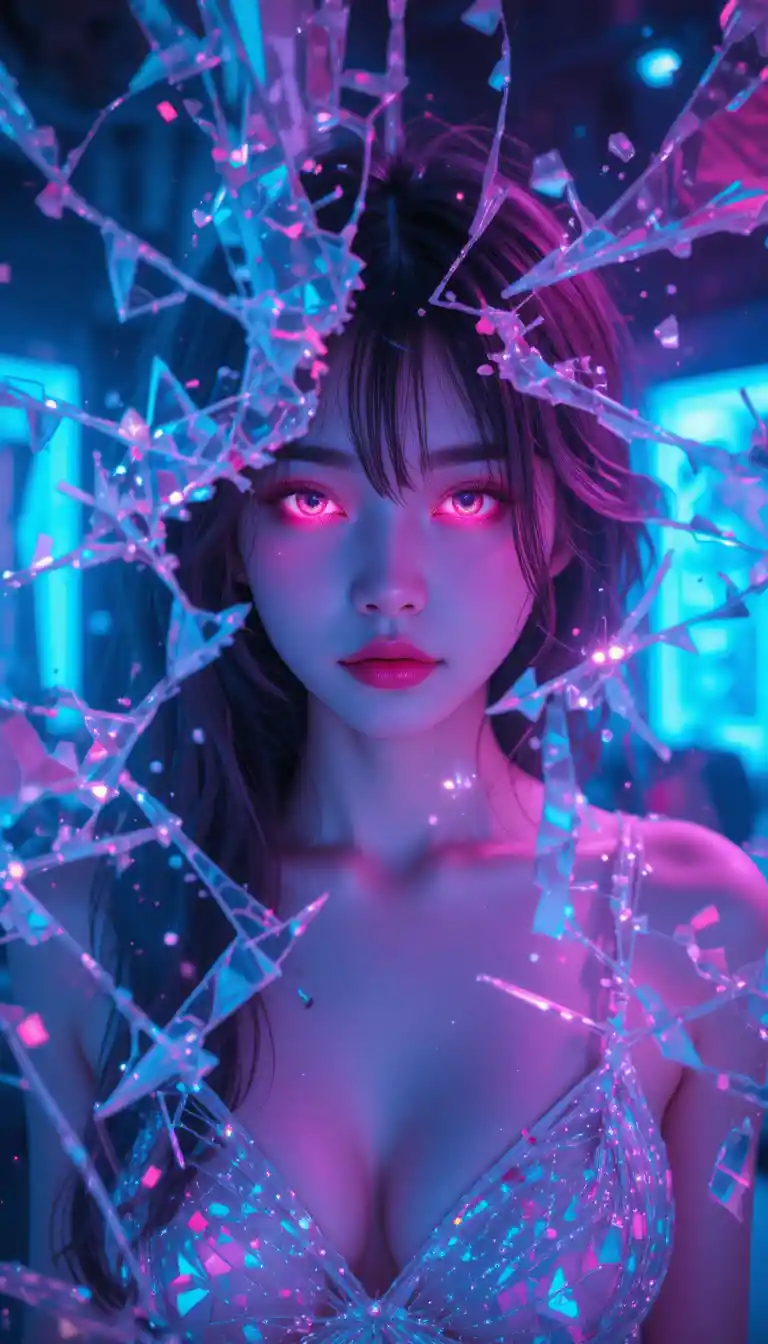 Chica idol de anime frente a un espejo digital de neón agrietado
