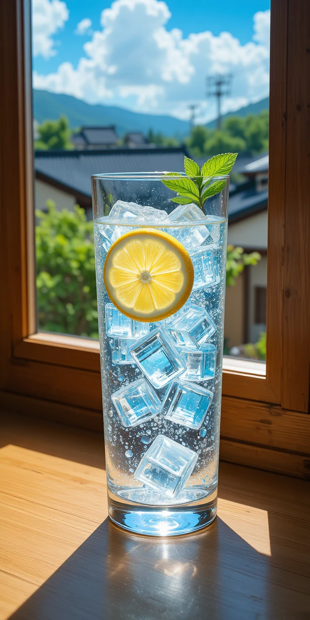 Sparkling lemon water in sunlight on a wooden windowsill