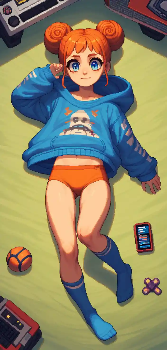 Anime girl stretching in retro pixel space station gym