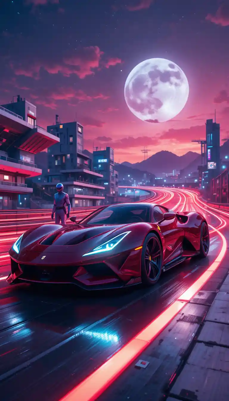 Auto sportiva rossa futuristica in corsa su pista cittadina al neon