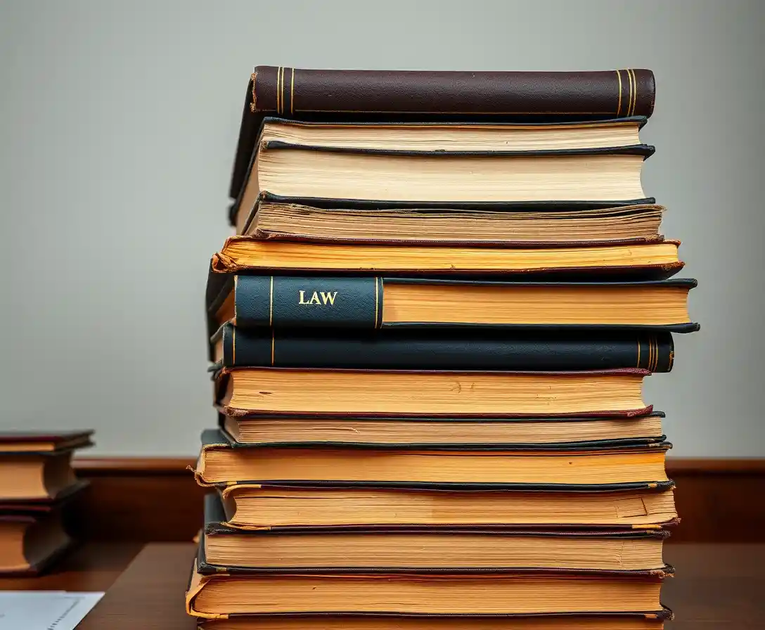 Stapel abgenutzter Gesetzbücher in ruhiger Büroatmosphäre