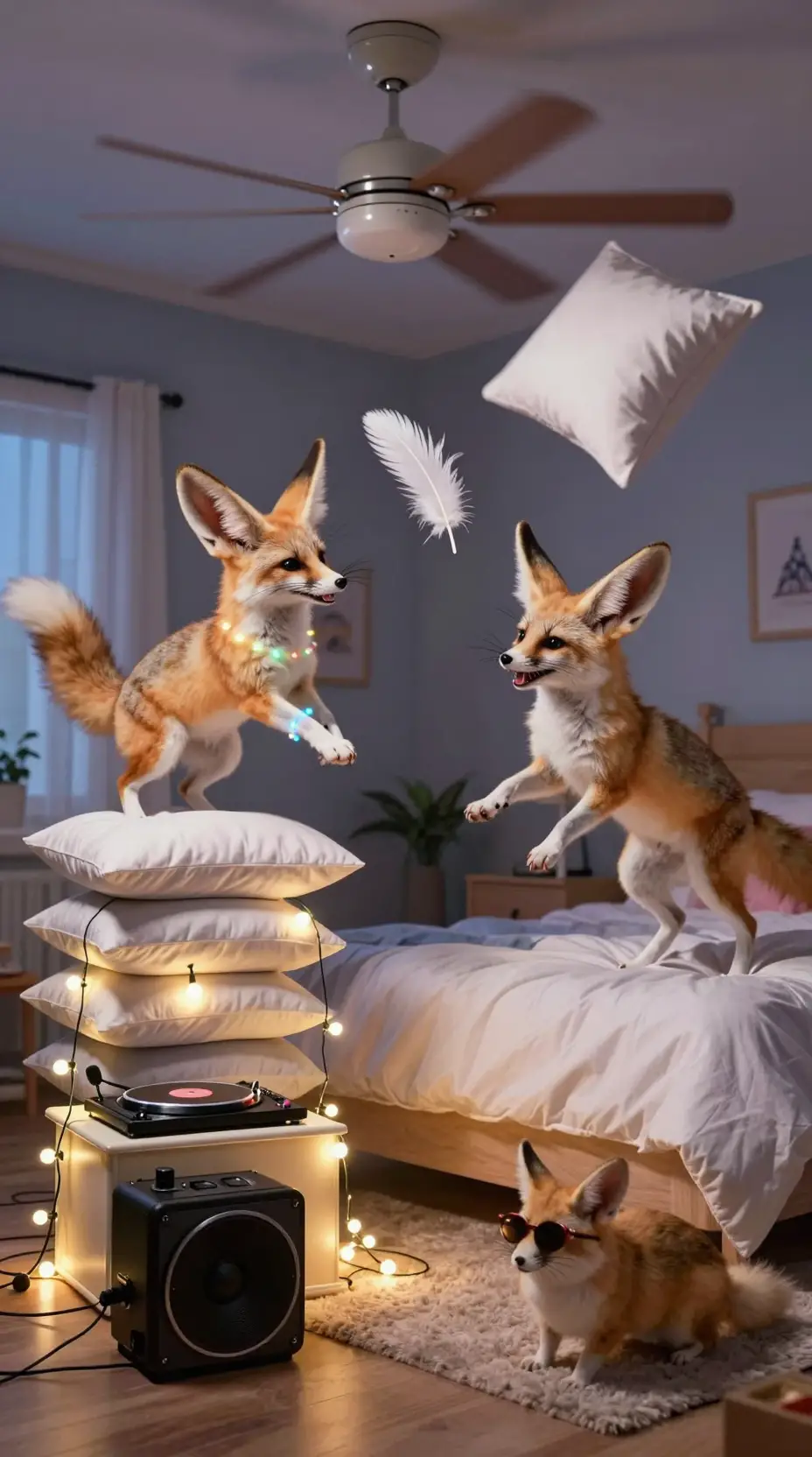 Fennec fox dance party in a glowing child bedroom