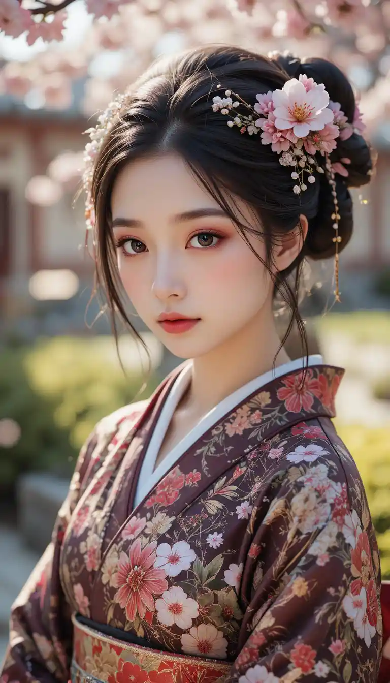 Idole japonaise en kimono parmi les fleurs de cerisier