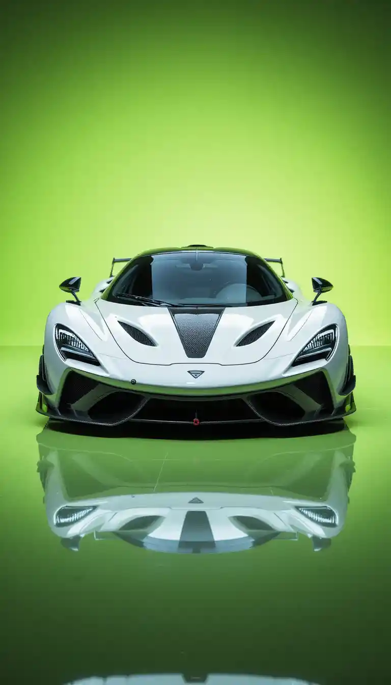 Hypercar blanco en vista frontal en estudio verde lima