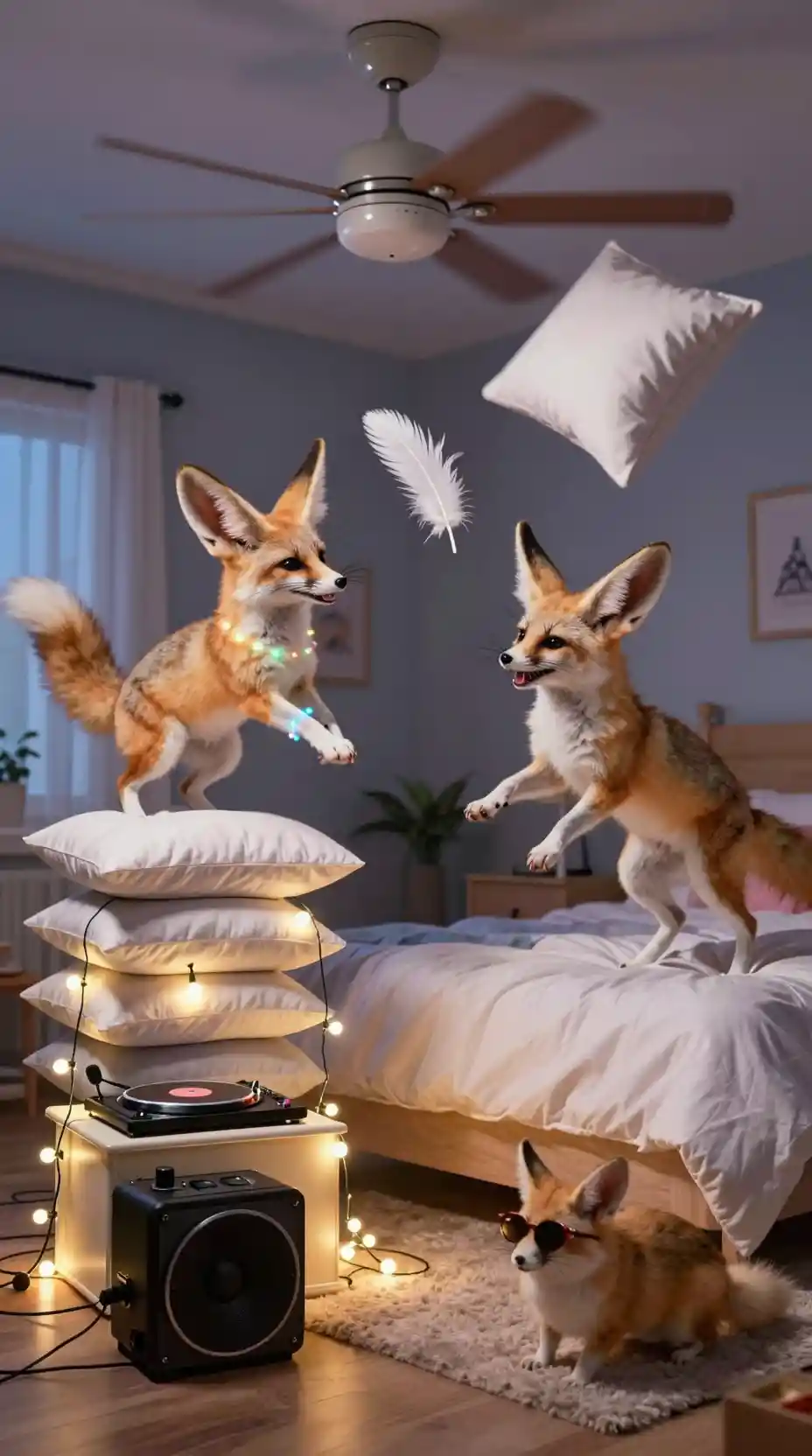 Fennec fox dance party in a glowing child bedroom
