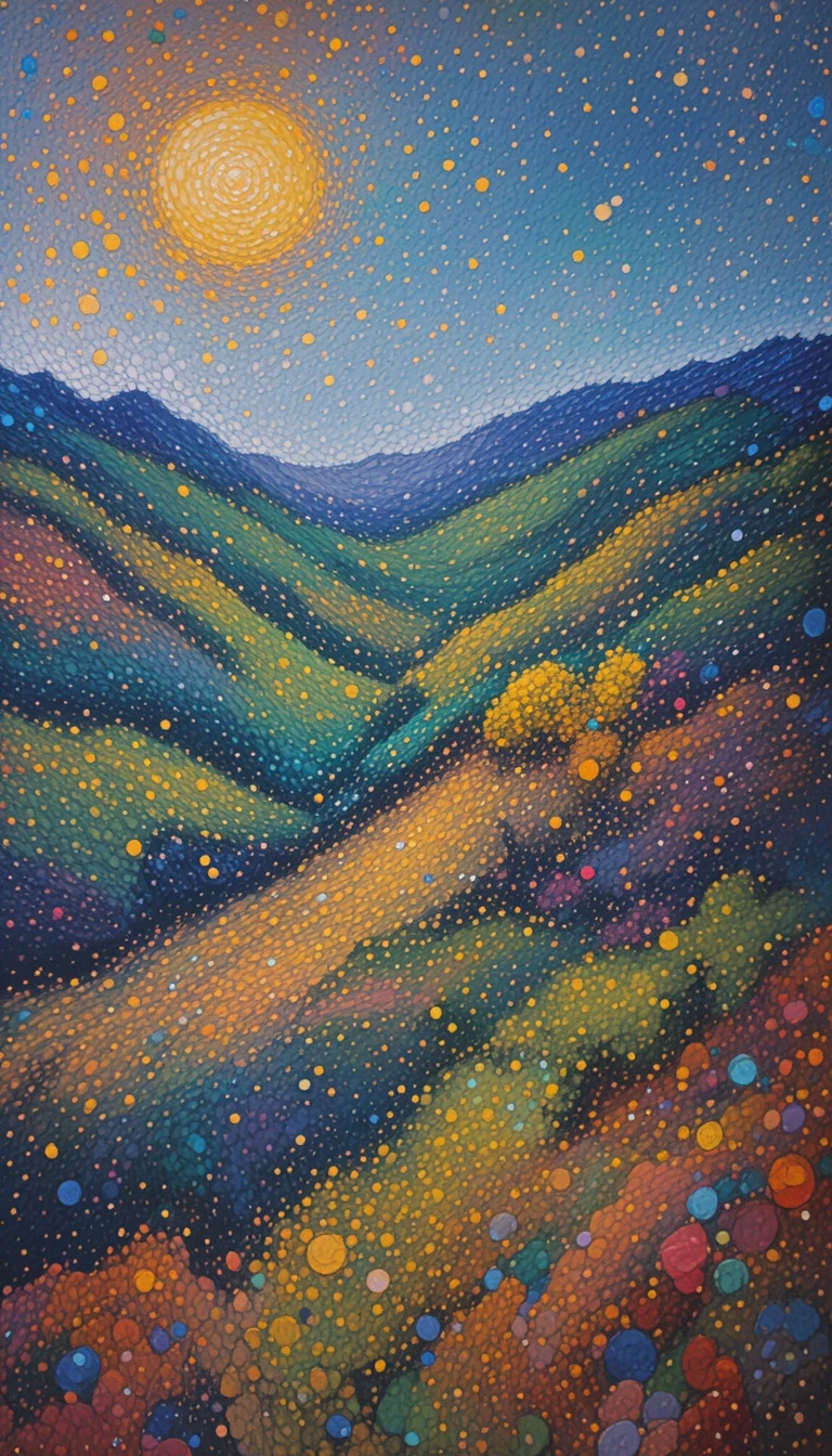 Colorful pointillist landscape with vibrant fauvist influence