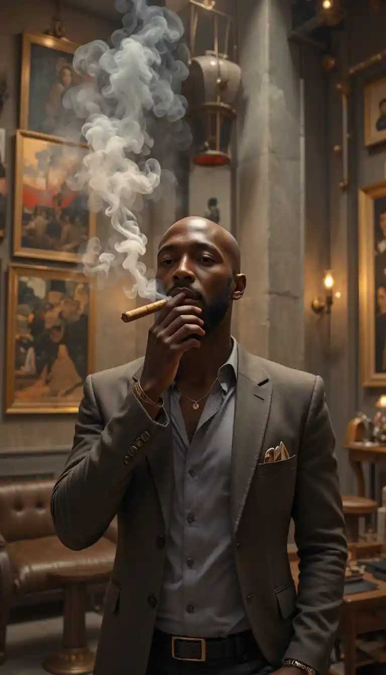 Confident bald man smoking cigar in luxury industrial interior