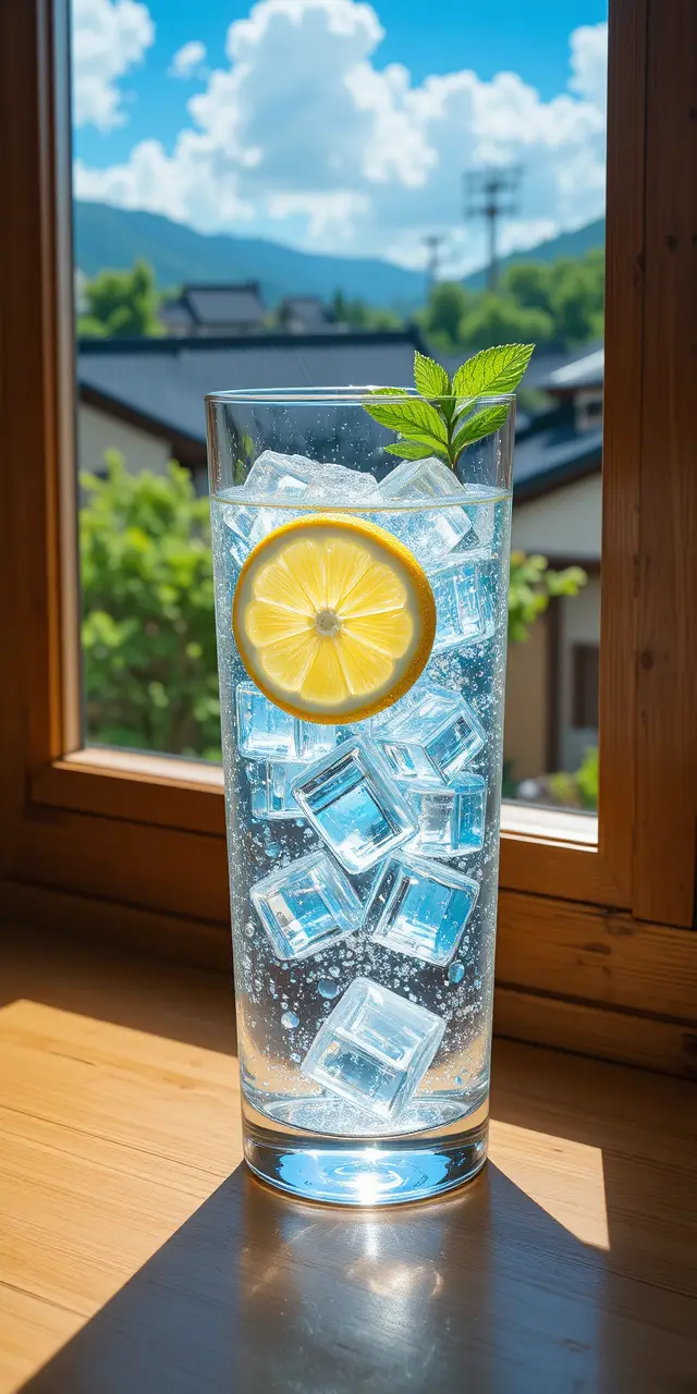 陽光灑落木質窗台上的氣泡檸檬水