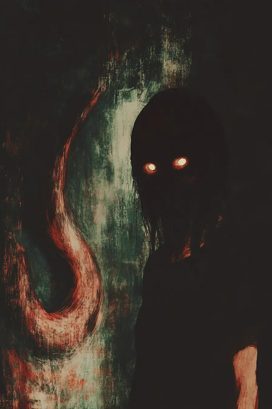 Woman bathed in darkness with knowing, haunting eyes