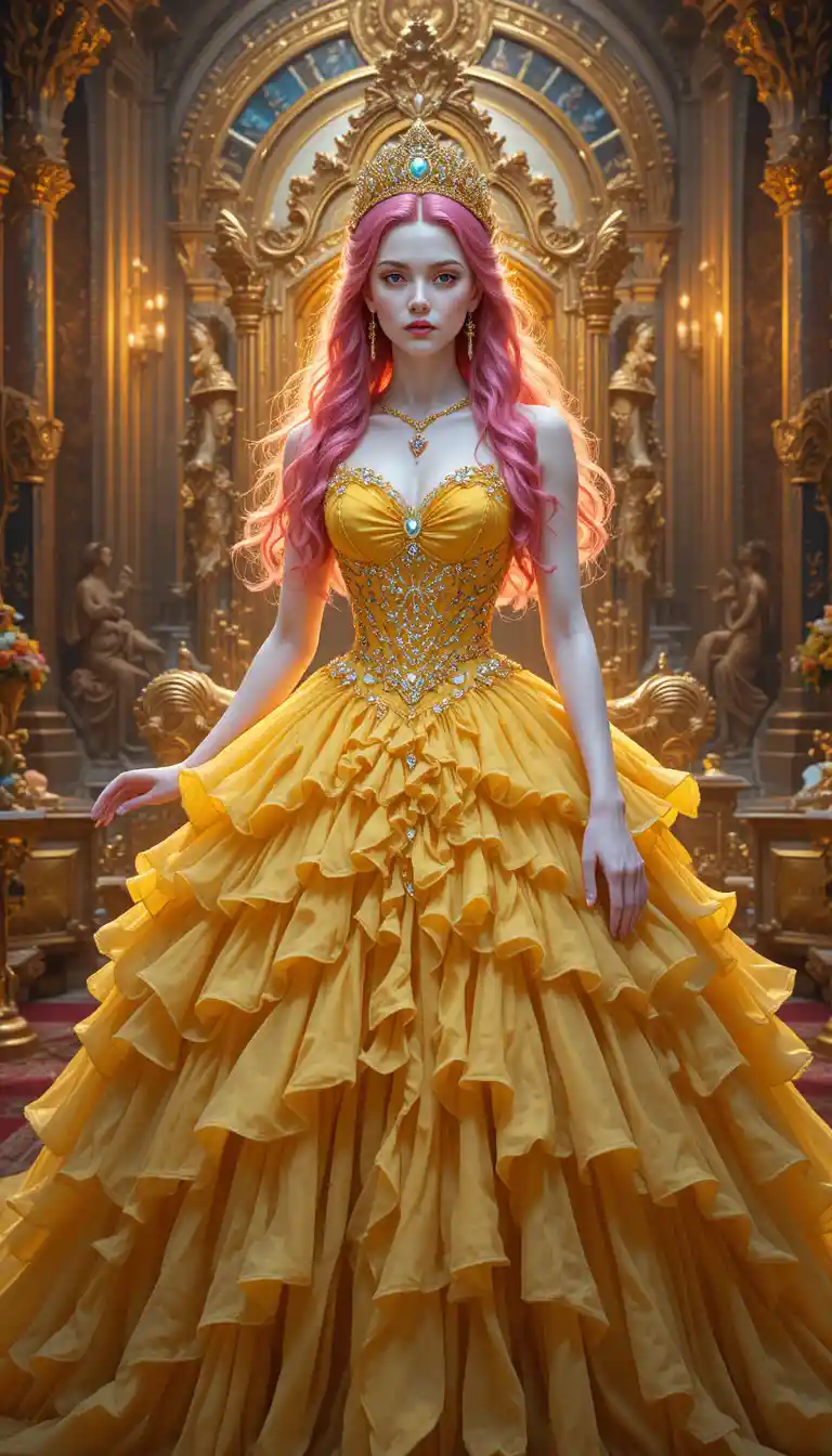 Regal queen in yellow gown in golden throne room
