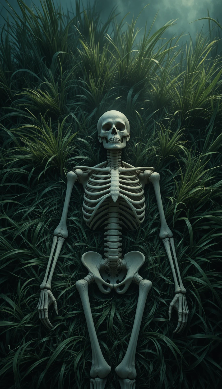 Esqueleto descansando sobre la hierba en una escena cinematográfica a la luz de la luna