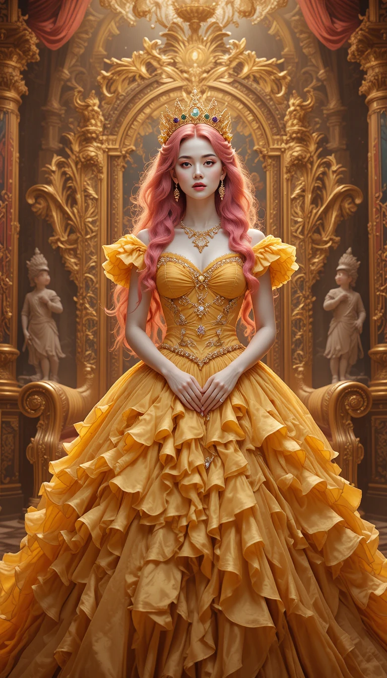 Regal queen in yellow gown in golden throne room