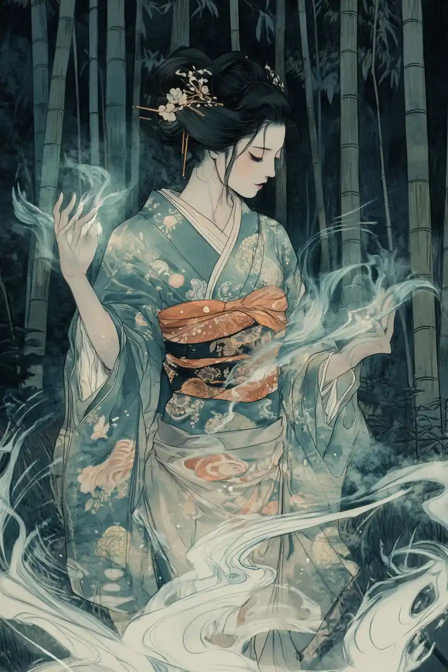 Ethereal geisha casting magic in a moonlit bamboo grove