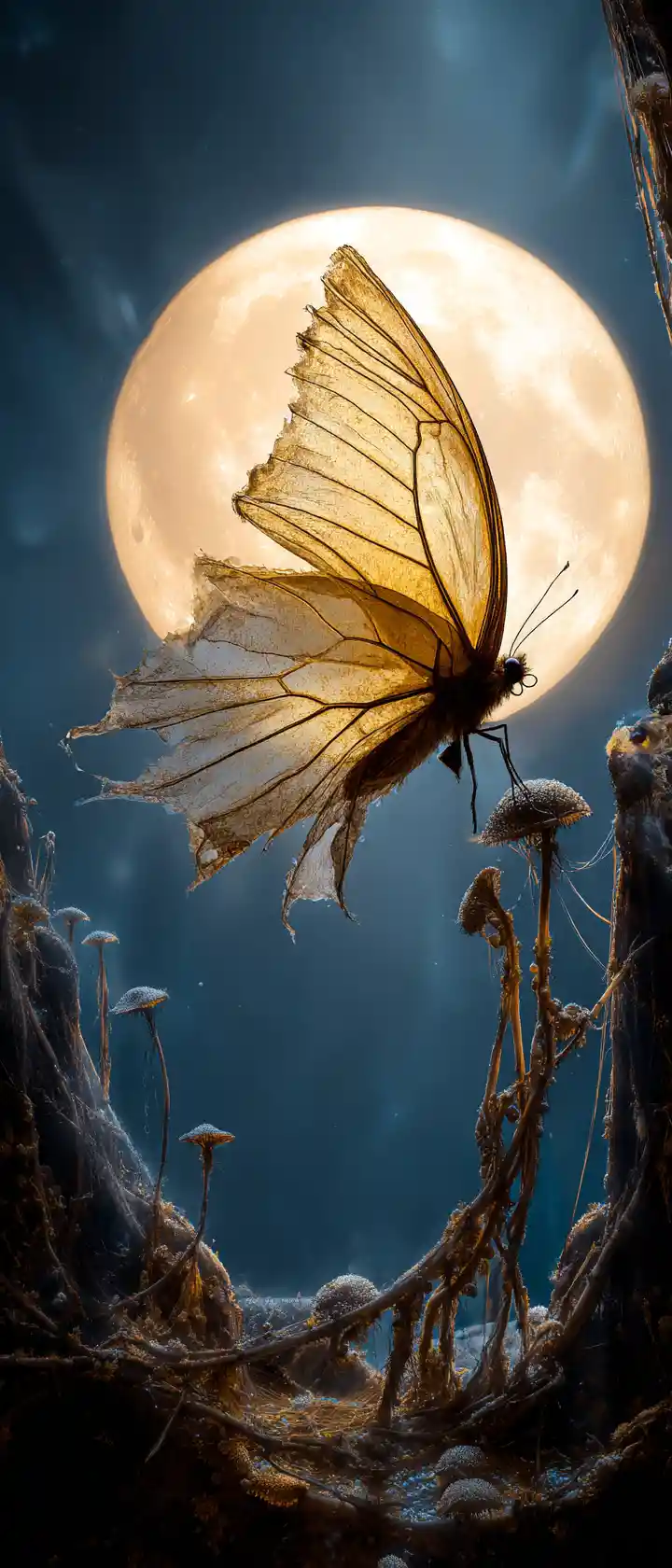 Tattered Butterfly Floating Before A Luminous Gothic Moon