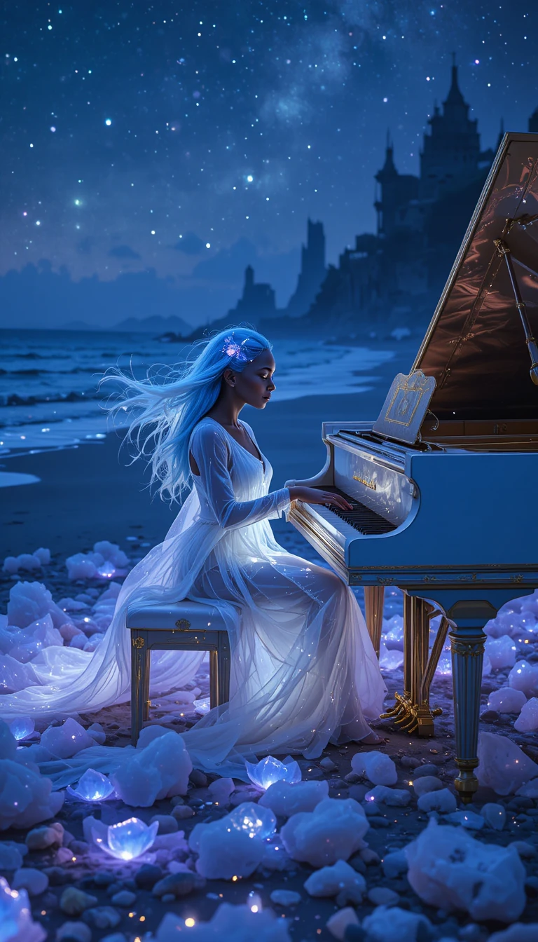 Mujer afrofuturista al piano en una orilla alienígena luminosa