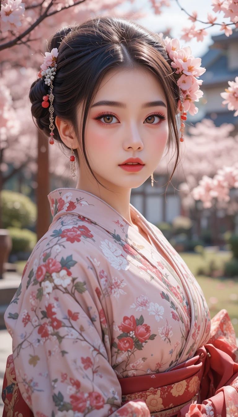 Japanese idol girl in kimono among cherry blossoms