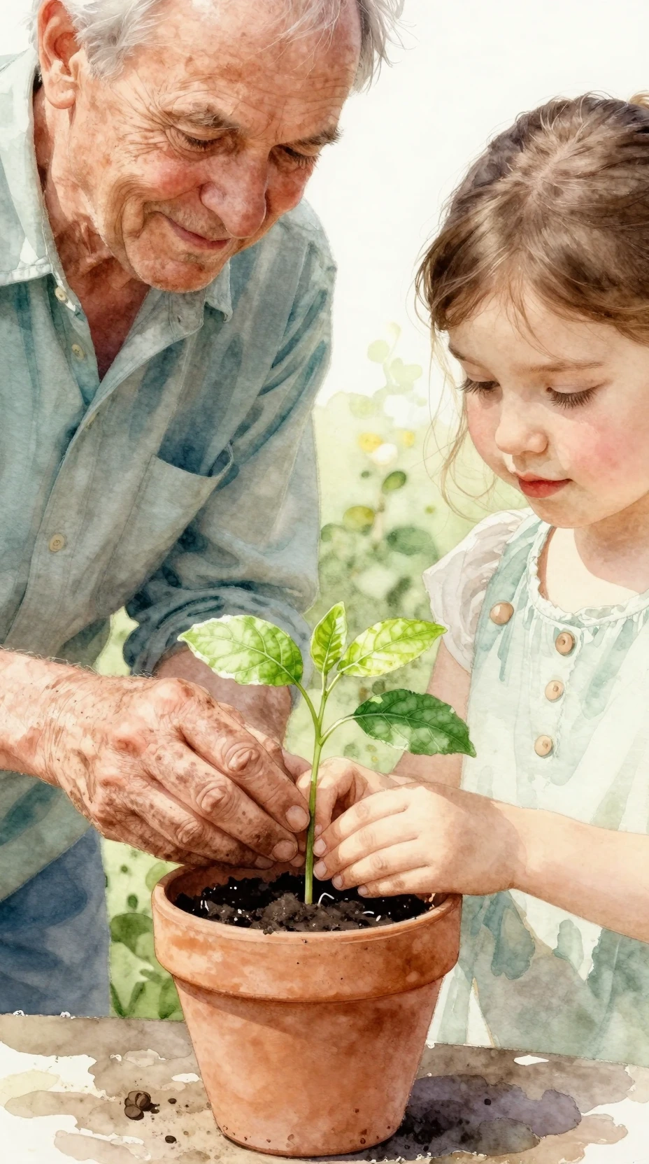 Grandfather Teaching Granddaughter To Plant A Garden Seedling