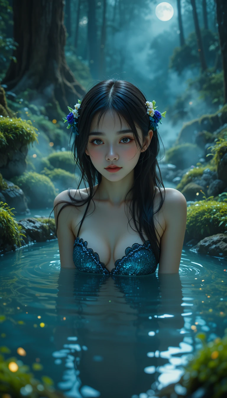 Anime girl at a secret hot spring under moonlight