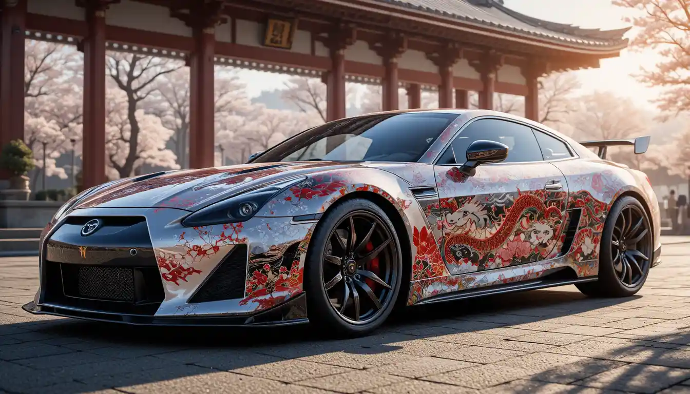 Luxury sports car with Japanese cherry blossom dragon art