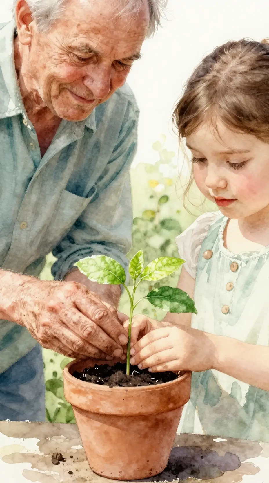 Grandfather Teaching Granddaughter To Plant A Garden Seedling