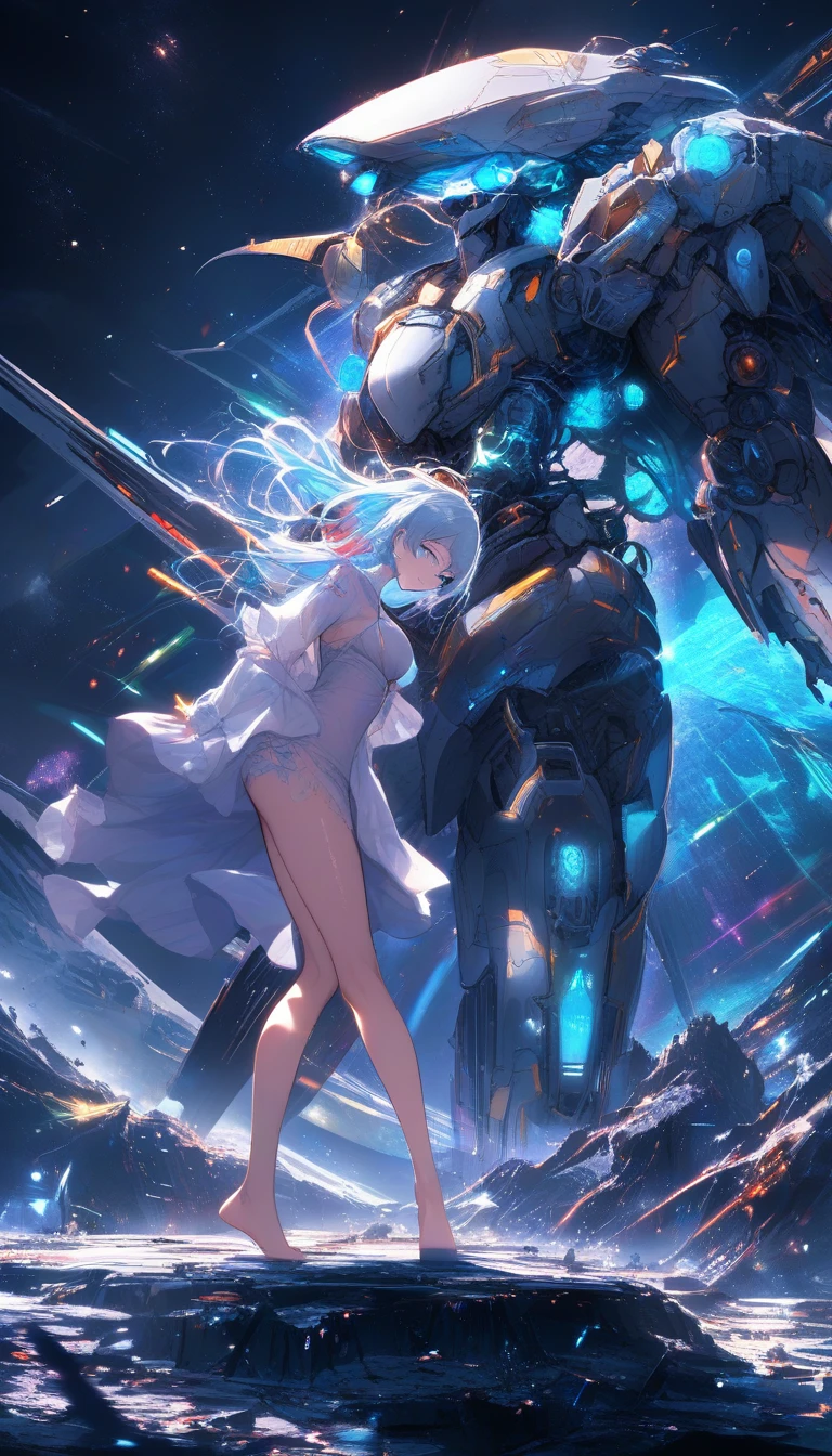 Besiegte weibliche Cyborg zwischen zerstörten Mechas am Boden