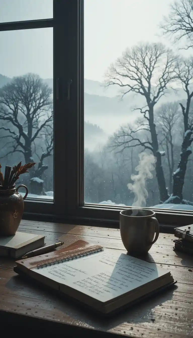 Cozy winter study desk by a frosted window