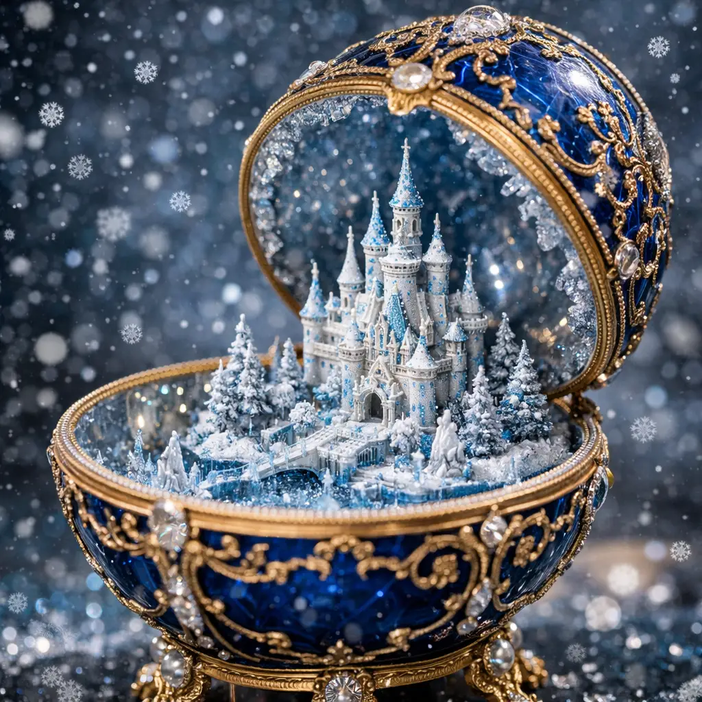 Faberge style egg with miniature snow castle interior