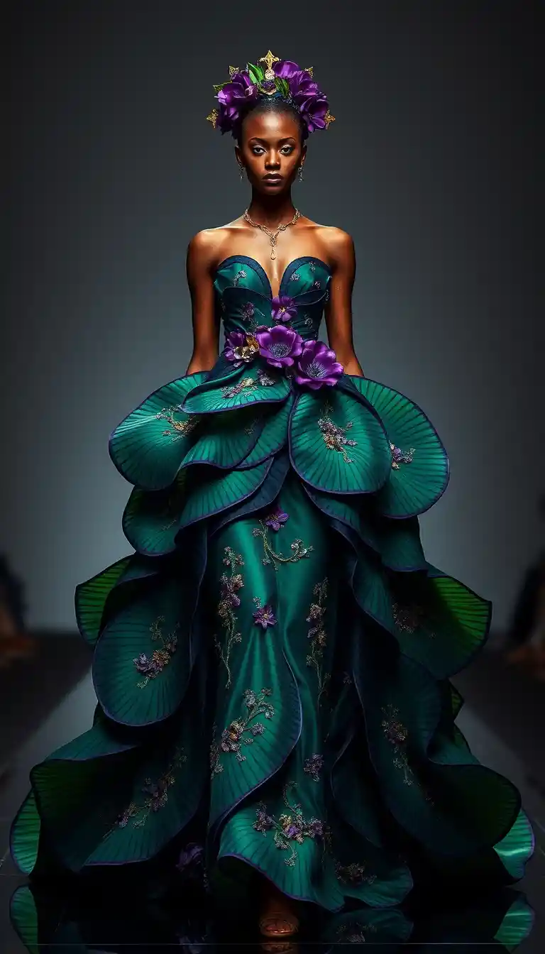 Afrofuturistic woman in emerald floral couture runway gown