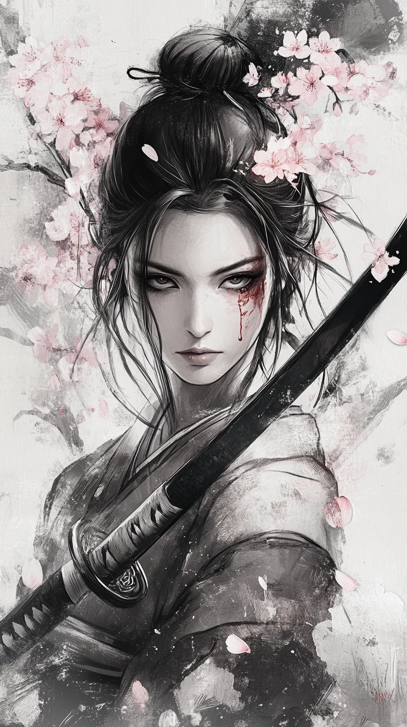 Stoic female samurai portrait in ink wash style