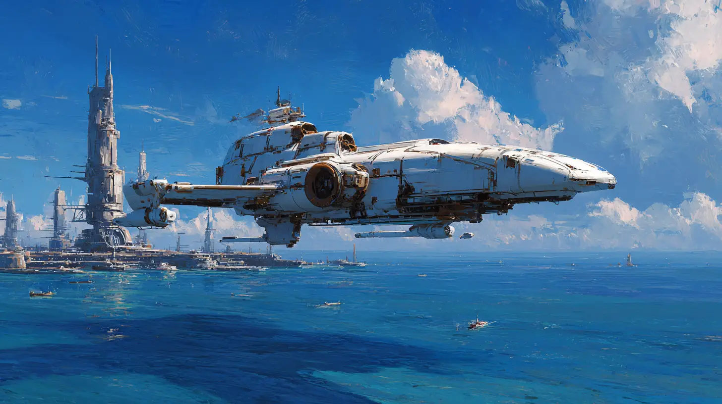 Huile représentant un vaisseau spatial de science-fiction au-dessus d’un océan alien