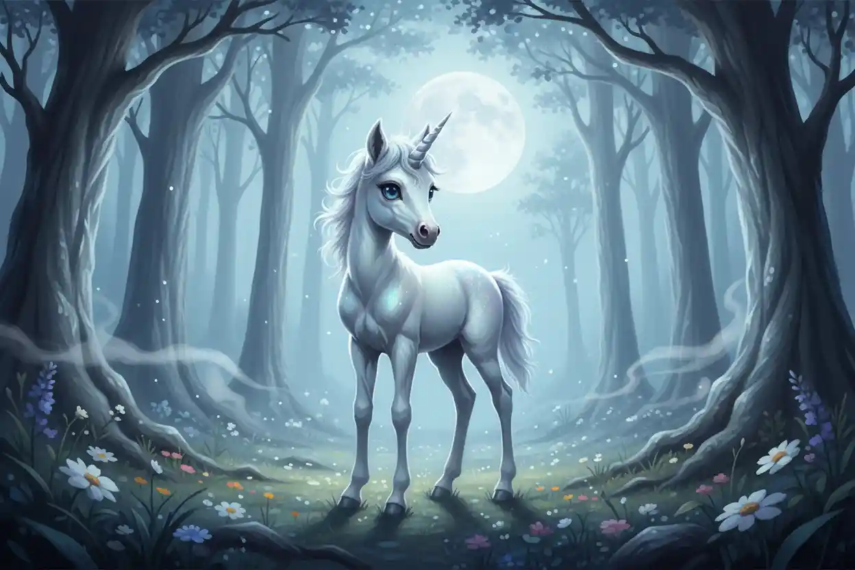 Cucciolo di unicorno in una radura di foresta incantata al chiaro di luna
