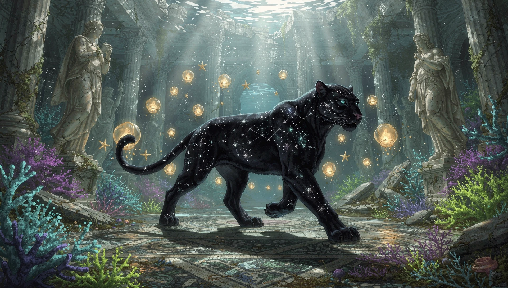 Starry black panther walking through ancient underwater ruins