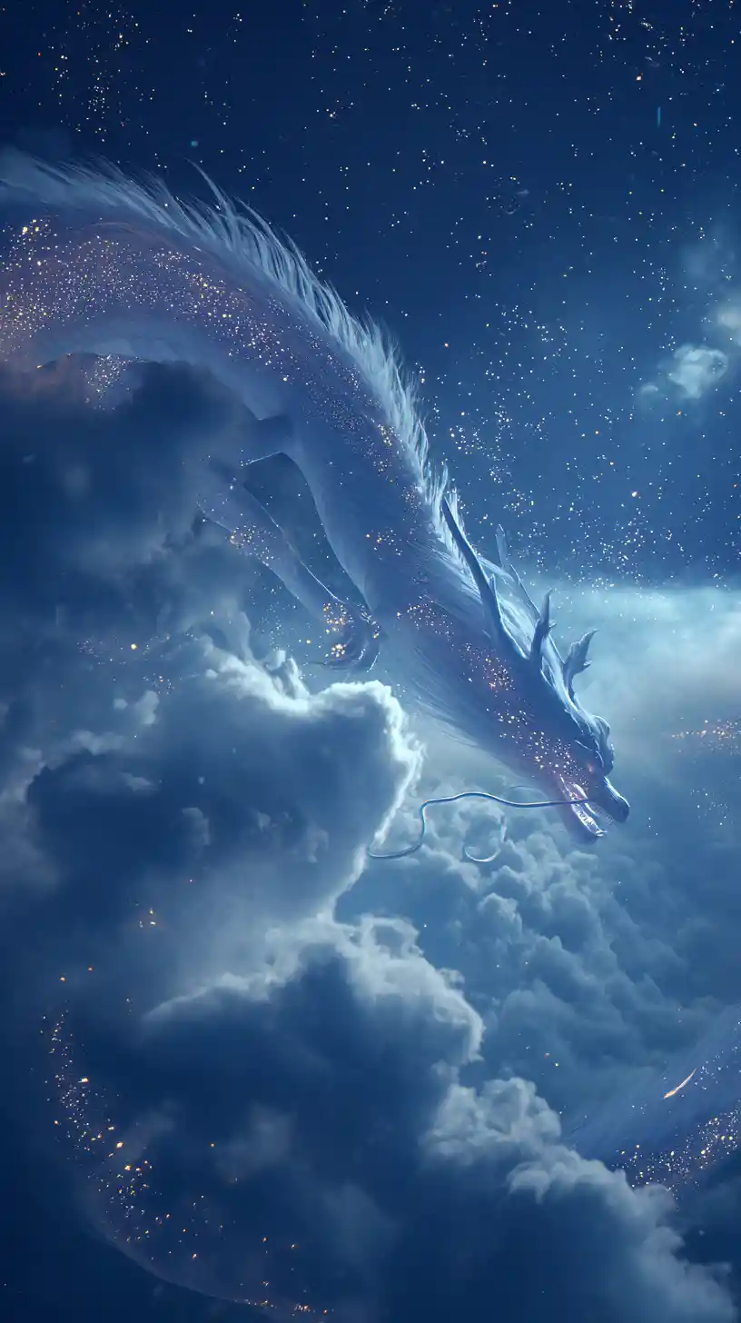 Majestic white dragon flying through a dreamy starry sky