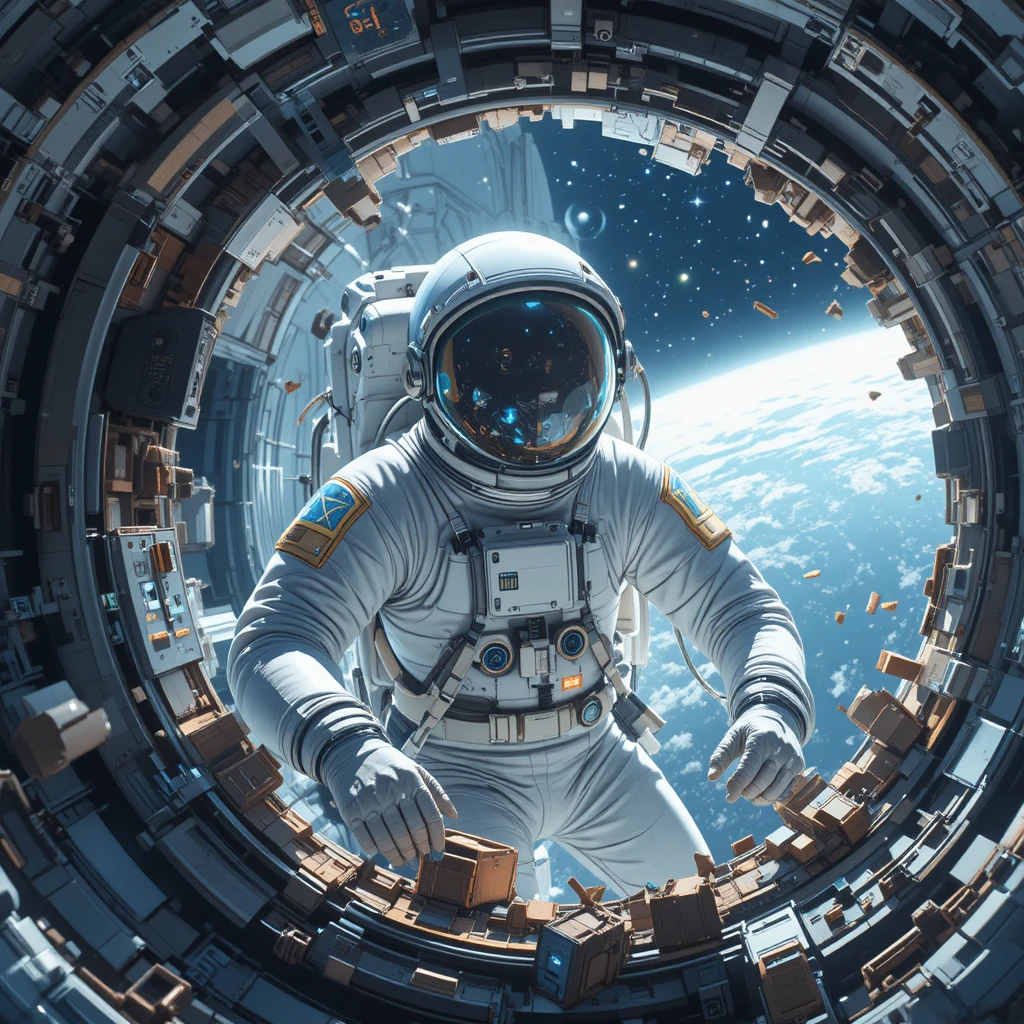 粉々になった宇宙ステーションモジュールを修理するアニメ宇宙飛行士