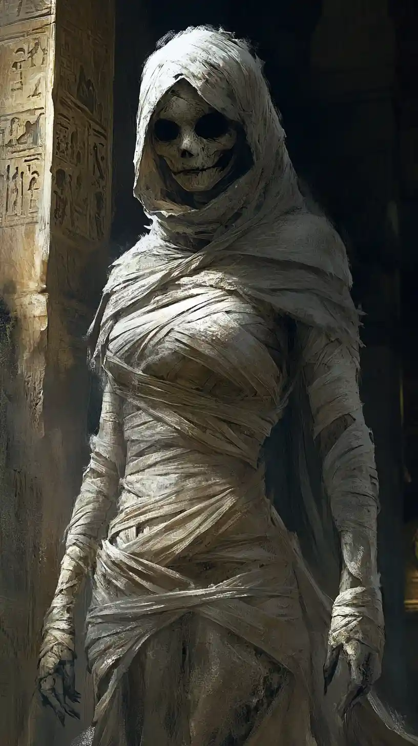 Donna fasciata come una mummia in un'antica tomba egizia