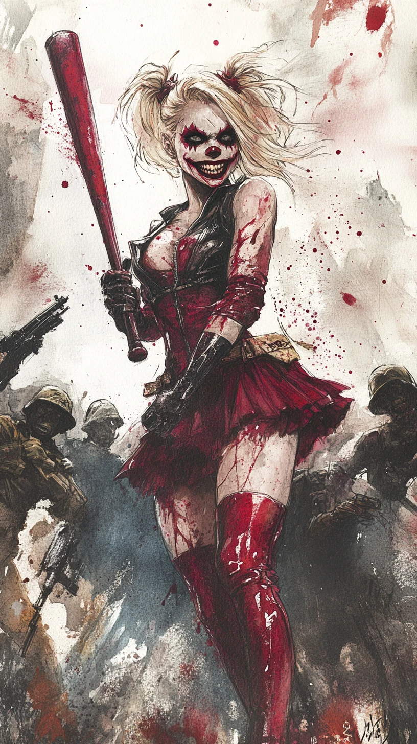 Defiant woman with bat on a dark chaotic battlefield