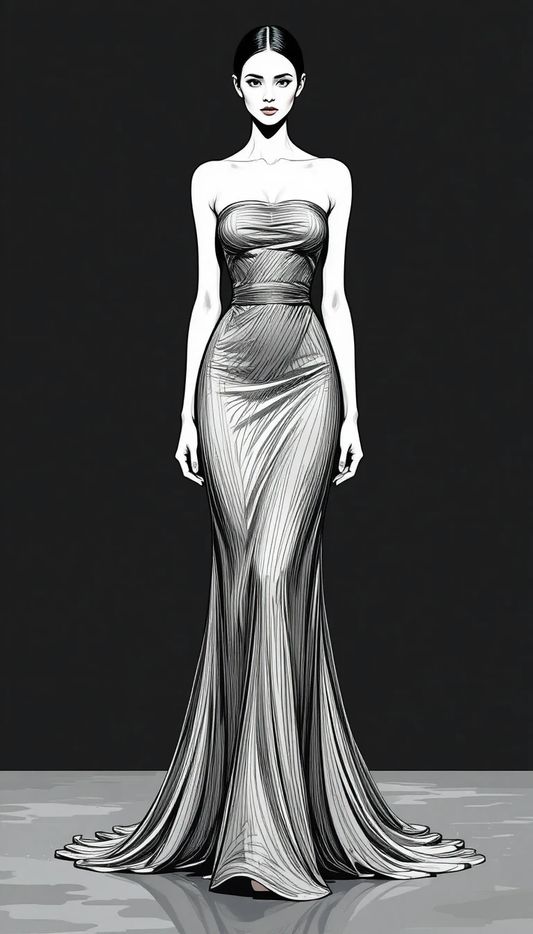 Elegant woman in strapless maxi dress fashion illustration