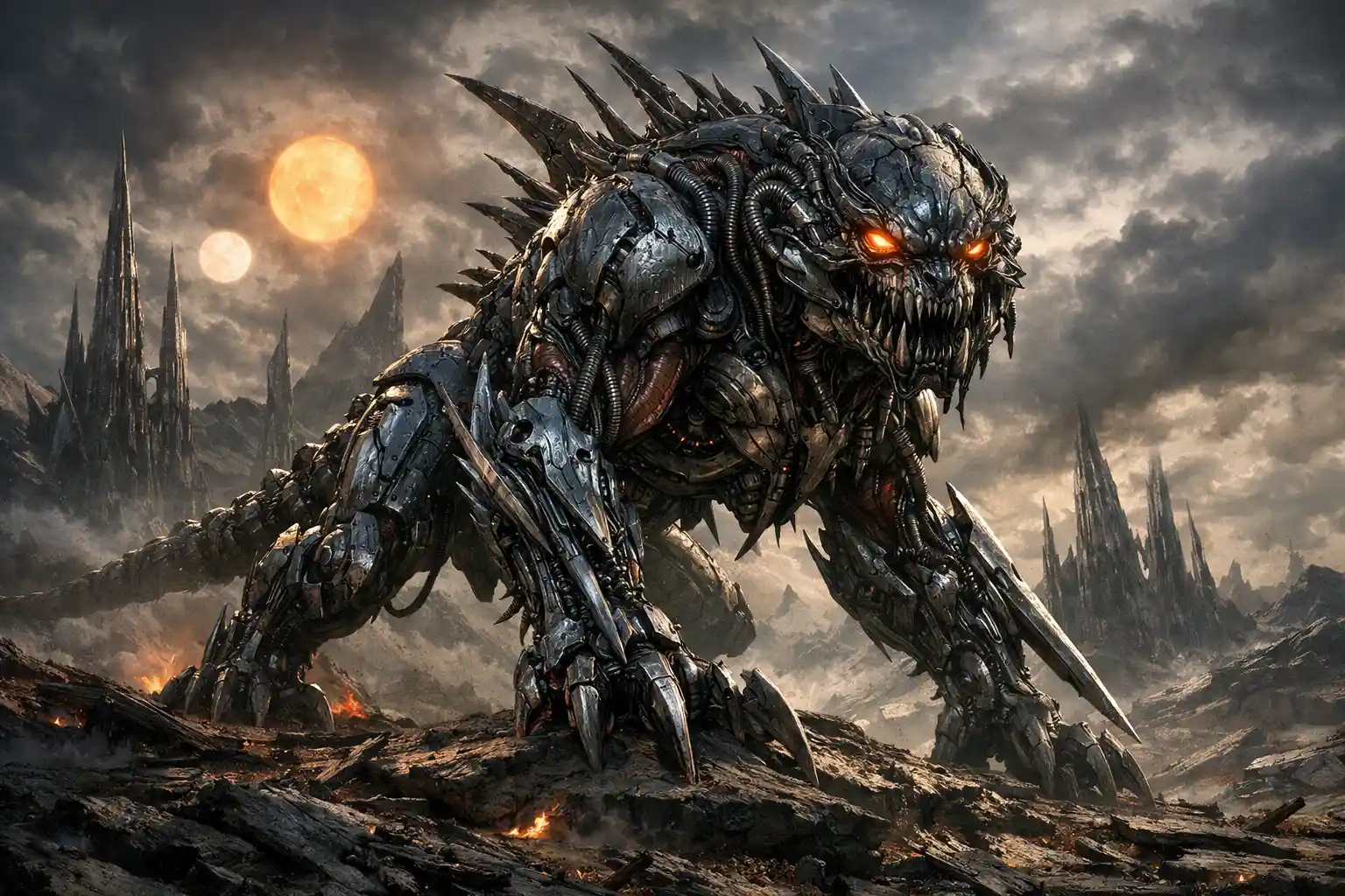 Colosal bestia biomecánica en un mundo alienígena devastado
