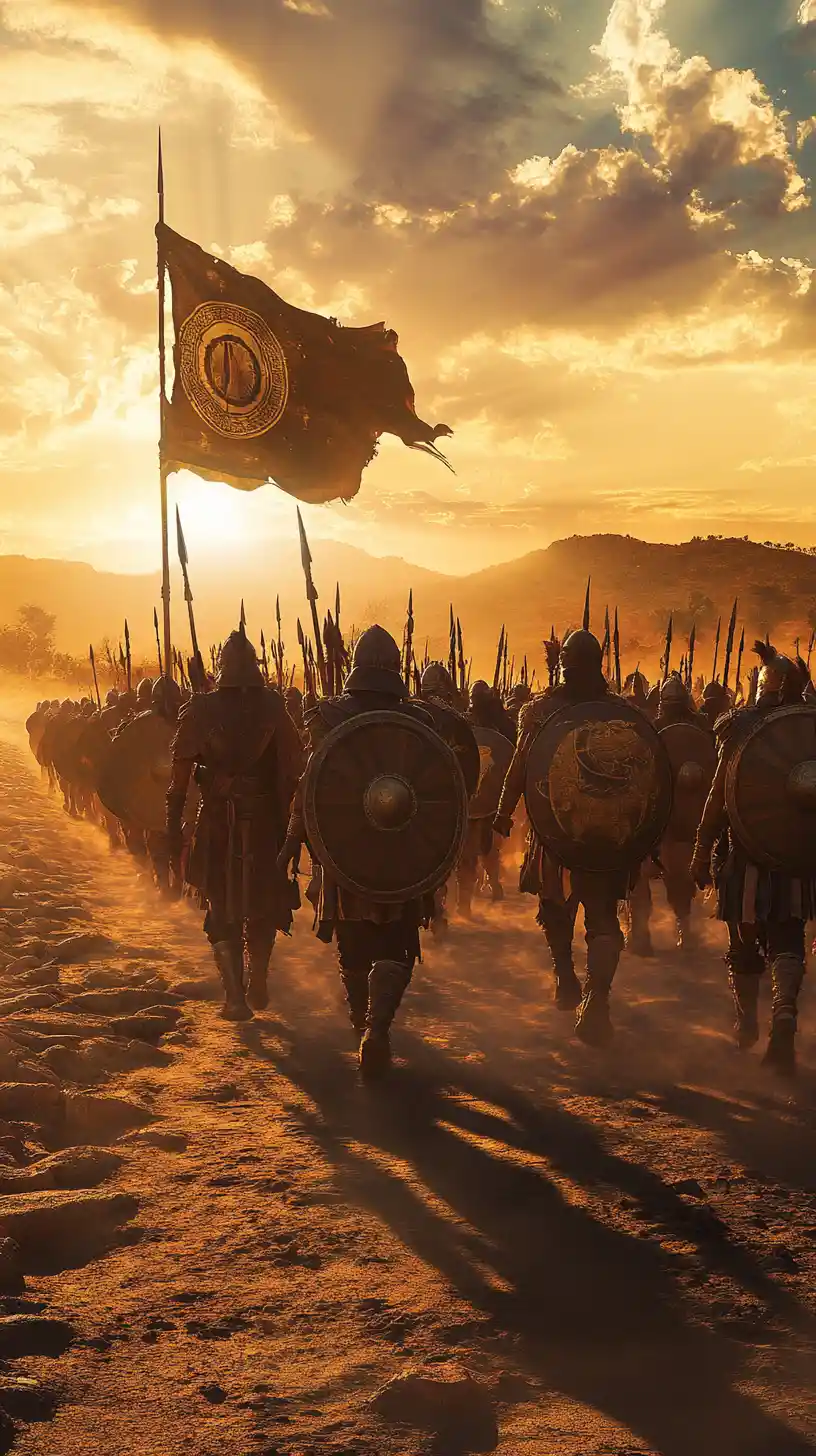 Guerrieri numidi in marcia attraverso un deserto luminoso al tramonto