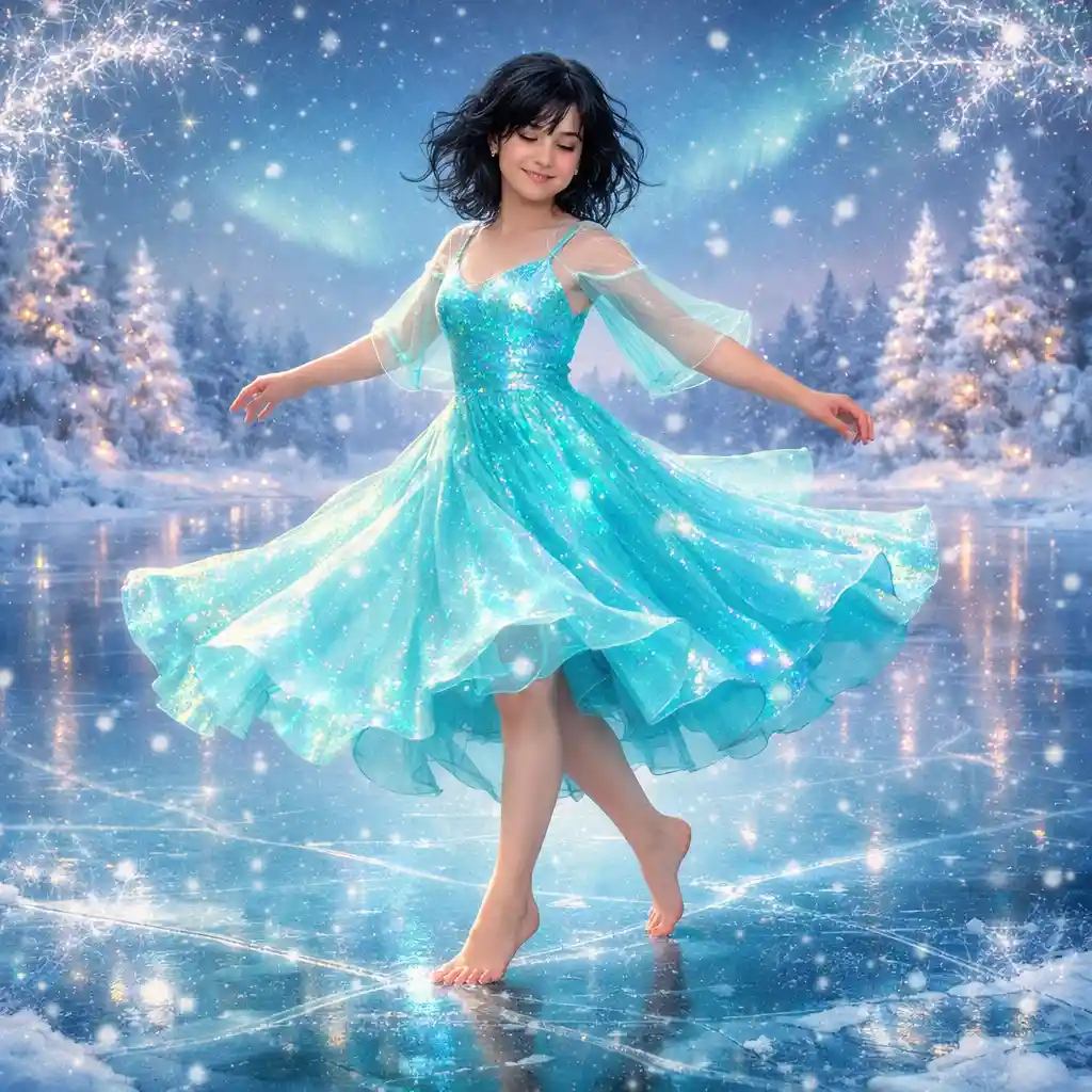Barefoot girl dancing on a glowing frozen winter lake