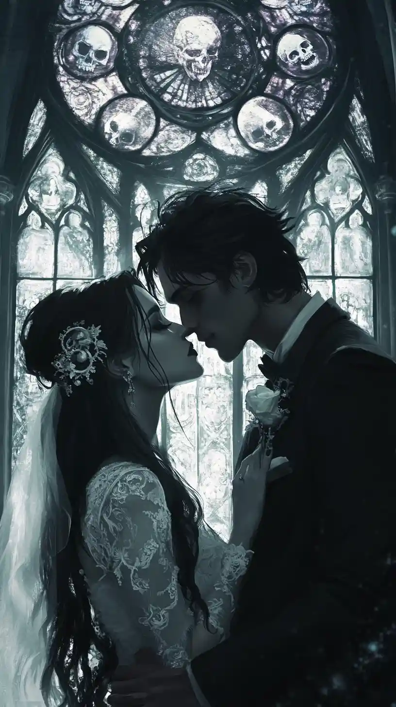 Boda en catedral gótica con novia y novio góticos