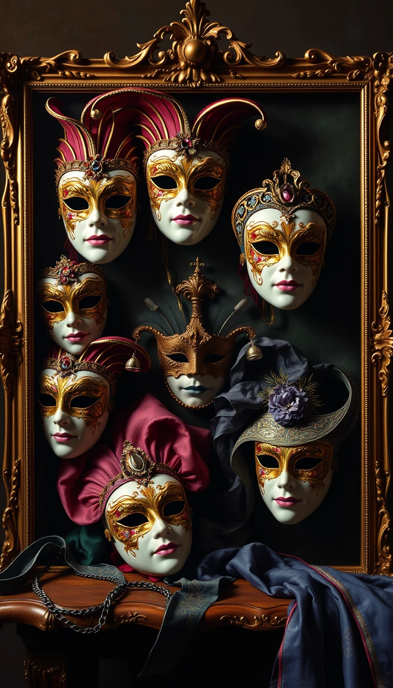 Máscaras de carnaval venecianas de porcelana en exhibición con marcos ornamentados