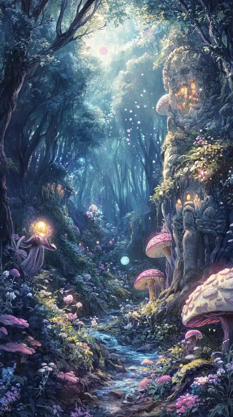 Magical forest valley with glowing plants and tiny fairy