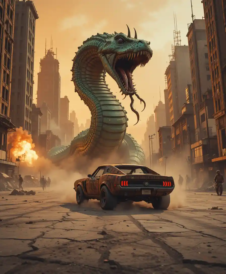 Armored car racing past a giant mechanical cobra