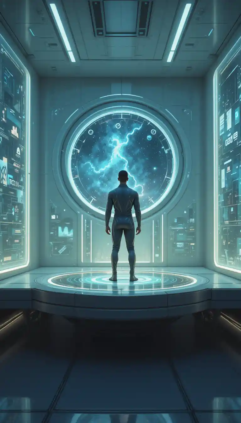 Afrofuturistic man on floating platform in sci fi room