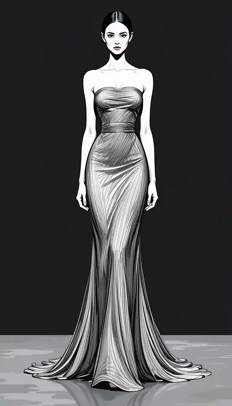 Elegant woman in strapless maxi dress fashion illustration