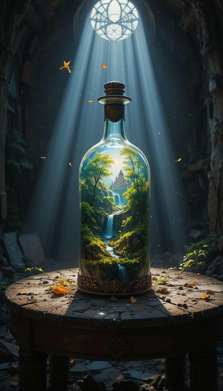 Mundo de fantasía brillante dentro de una botella de vidrio antigua en el ático