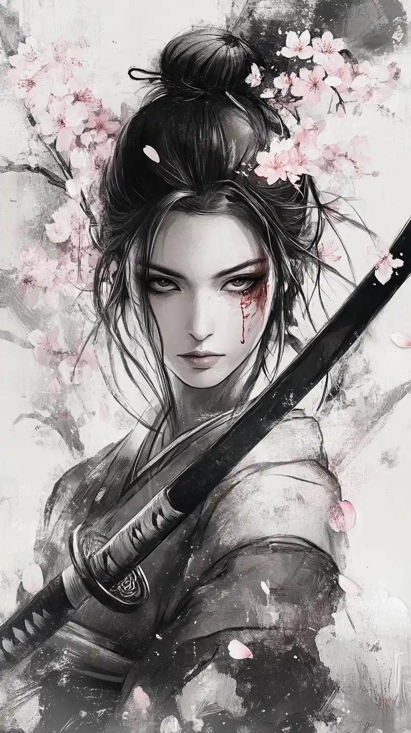 Stoic female samurai portrait in ink wash style