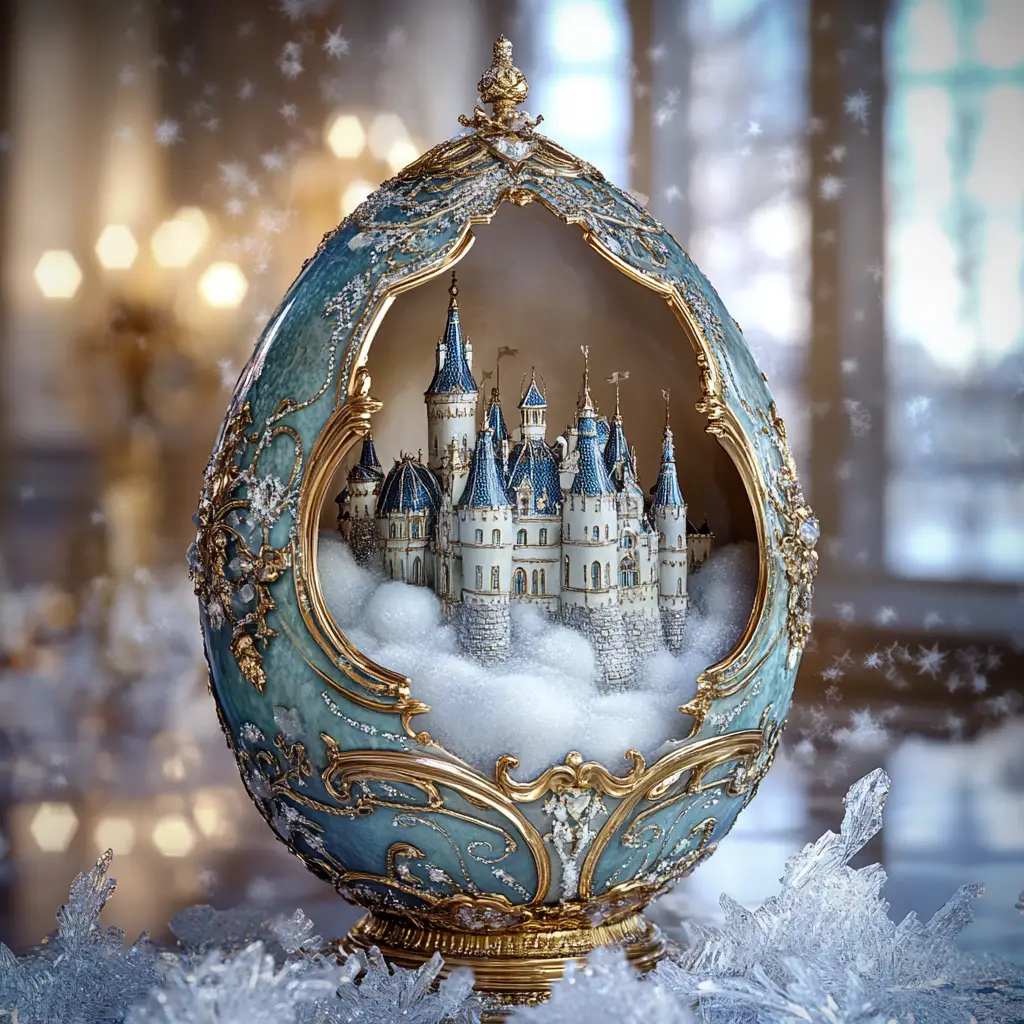 Huevo al estilo Fabergé que revela un diminuto castillo cubierto de nieve